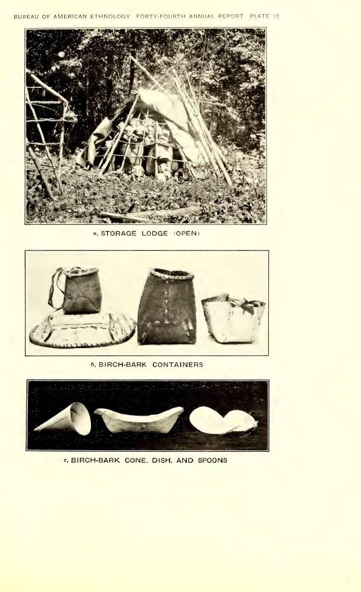 Plate 32: a, Storage lodge (open); b, Birch-bark containers; c, Birch-bark cone, dish, and spoons
