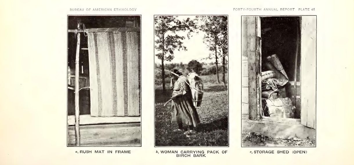 Plate 48: a, Rush mat in frame; b, Woman carrying pack of birch bark; c, Storage shed (open)