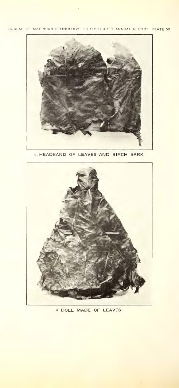 Plate 50: a, Headband of leaves and birch bark; b, Doll made of leaves