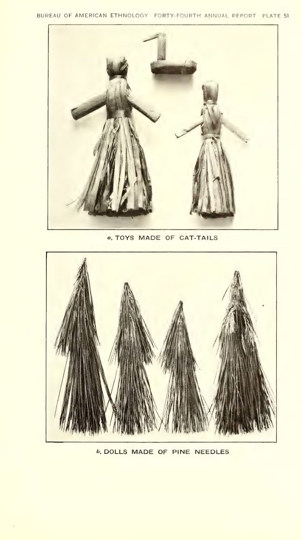 Plate 51: a, Toys made of cat-tails; b, Dolls made of pine needles