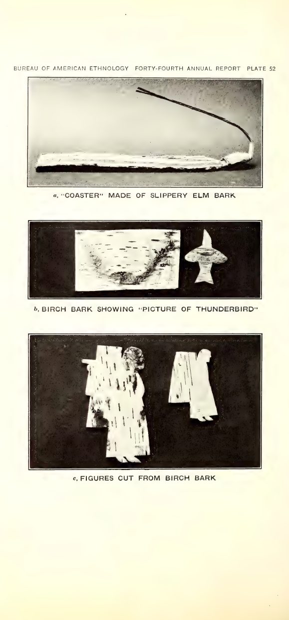 Plate 52: a, “Coaster” made of slippery elm bark; b, Birch bark showing “picture of thunderbird”; c, Figures cut from birch bark